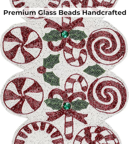 CLEENTABLE Handcrafted Christmas Beaded Table Runner – 36"x13" Art Deco Home Decor & Luxury Dinner Table Centerpiece in Vibrant Cherry Reddish with 85% Glass Beads, Durable Polyester Backing