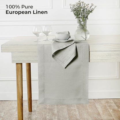 D'Moksha Homes Linen Silver Grey Table Runner 120 Inches Long - 100% Pure Linen Hemstitch 14 x 120 Inch Table Runner for Dining, Winter, Christmas, Holiday - Classic Hemstitch