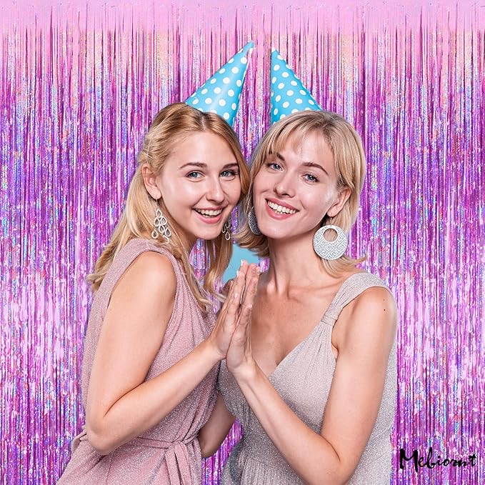 4 Pack Pink Fringe Curtain Backdrop, 3.2Ft x 8.2Ft Sparkle Metallic Tinsel Foil Fringe Streamers Background for Photo Booth Birthday Wedding Baby Shower Party Thanksgiving Christmas Decorations