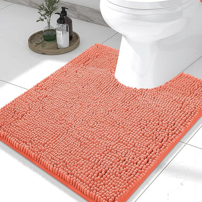 Smiry Luxury Chenille Toilet Rugs U-Shaped 24x20, Soft Absorbent Non-Slip Contour Bathroom Rugs for Toilet, Machine Washable Contoured Bath Mats, Coral