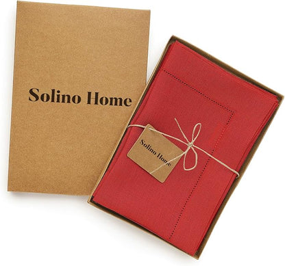 Solino Home Red Linen Napkins Set of 4-100% Pure Linen Hemstitch Dinner Napkins 20 x 20 Inch for Christmas, Holiday, Winter, New Year - Classic Hemstitch