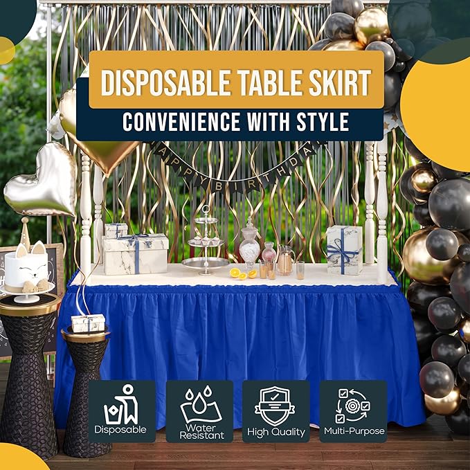 Exquisite Ruffle Table Skirt Dark Blue 12 Pack 14 Ft Long Table Skirts for Rectangle Tables 6ft Plus or Round Tables Skirts with Adhesive Strip for Gender Reveal Decor & Happy Birthday Parties