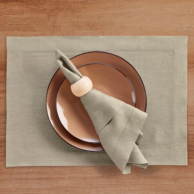 Solino Home Linen Placemats Set of 4 - Vintage Khaki Placemats 14 x 19 Inch - 100% Pure Linen Table Place Mats for Fall, Autumn - Fete