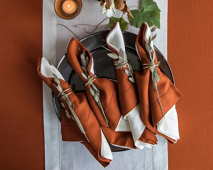 Solino Home Linen Napkins Set of 4 - Classic Hemstitch 100% Pure Linen Cinnamon Dinner Napkins Cloth 20 x 20 Inch for Fall, Autumn, Winter - Handcrafted and Machine Washable