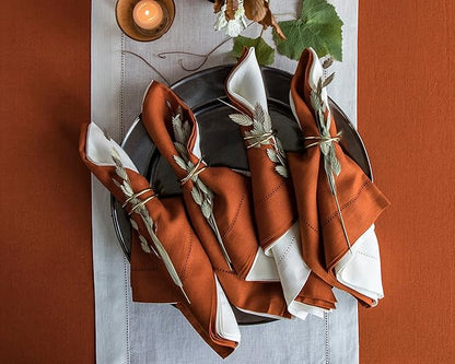 Solino Home Linen Napkins Set of 4 - Classic Hemstitch 100% Pure Linen Cinnamon Dinner Napkins Cloth 20 x 20 Inch for Fall, Autumn, Winter - Handcrafted and Machine Washable