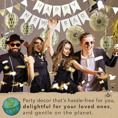 Premium Reusable New Years Decorations 2026 - Multi-occasion Happy New Year Banner also spells Happy Birthday, Fast Assembly with Velcro - NY Eve 2026 Party Supplies / White and Gold Party Decorations