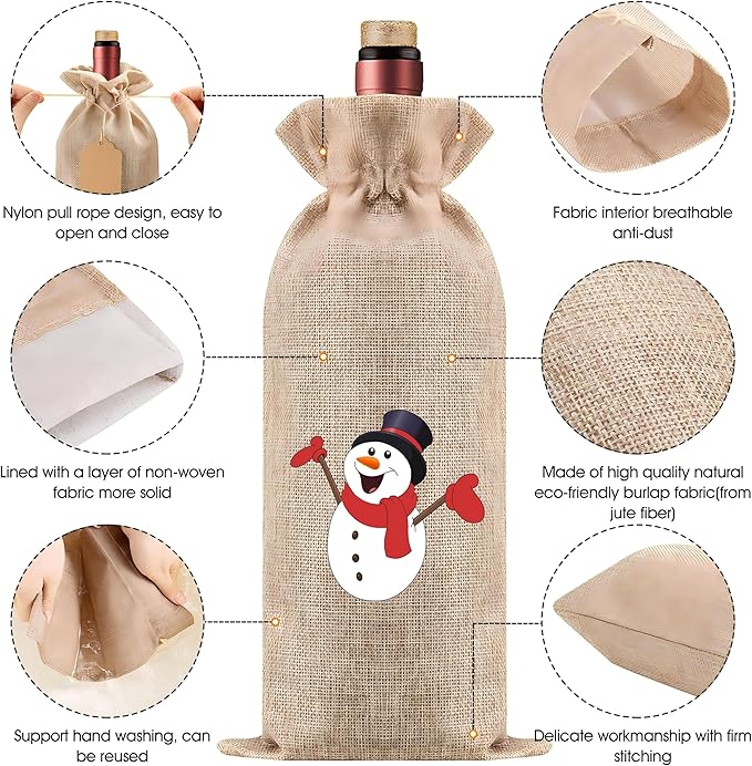 Homum 10 Pcs Christmas Premium Burlap Wine Bags and 10Pcs Gift Tags, Reusable Wine Bottle Gift Bags with Drawstrings for Christmas Party, Home Storage, 750mL