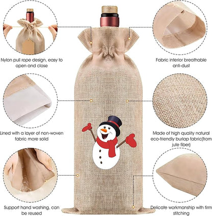 Homum 10 Pcs Christmas Premium Burlap Wine Bags and 10Pcs Gift Tags, Reusable Wine Bottle Gift Bags with Drawstrings for Christmas Party, Home Storage, 750mL
