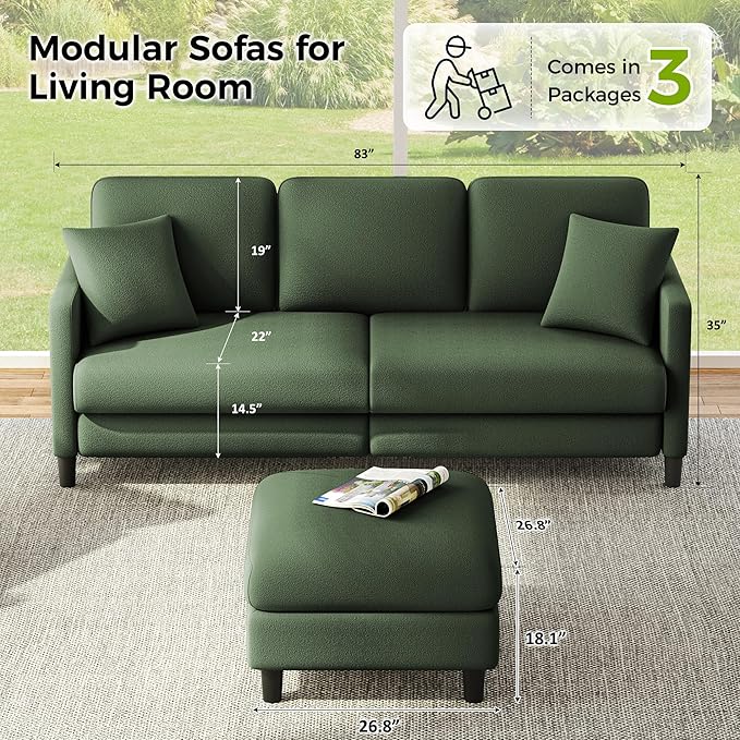 83" Couches for Living Room, Comfy Sofas for Living Room with Storage Ottoman, Teddy Sofa Couch, Tool-Free Loveseat Sofa, All-Wood Love Seat Couches, L Shaped Couch 2 Pillow Included, Green