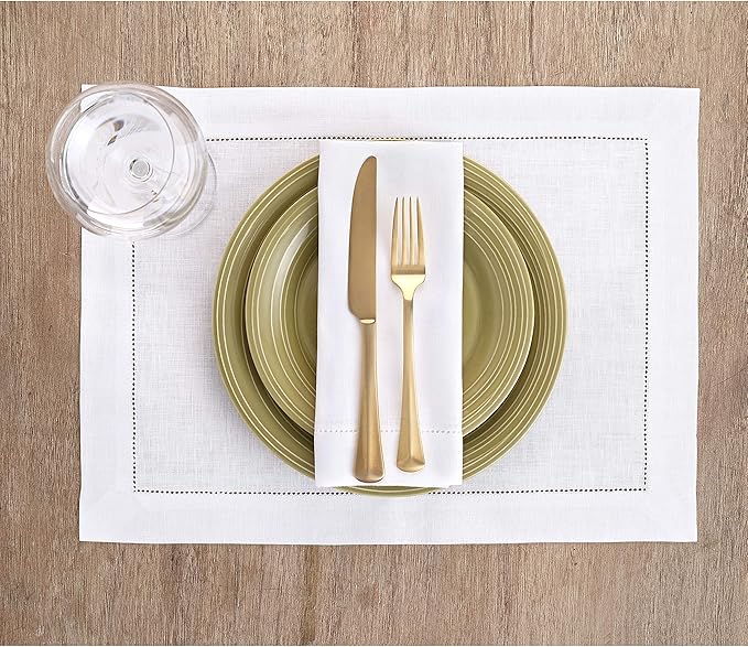 Solino Home White Linen Napkins Set of 6-100% Pure Linen Hemstitch Dinner Napkins 20 x 20 Inch for Fall, Autumn, Winter, Christmas, Holiday, New Year - Classic Hemstitch