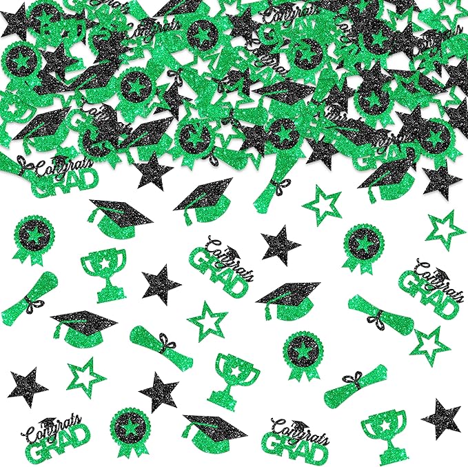 KatchOn, Glitter, Green and Black Graduation Confetti - Pack of 300 | Graduation Cap, Star Confetti for Graduation Table Decorations | Congrats Grad Confetti for Graduation Decorations Class of 2025