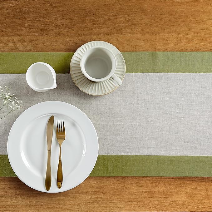 Solino Home Linen Table Runner 60 Inches - 100% Pure Linen Avocado and Natural Short Table Runner 14 x 60 Inch Ideal for Dresser and Coffee Tables - Contempo - Winter