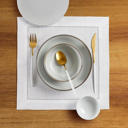 Solino Home Square Placemats Set of 4-100% Pure Linen White Cloth Placemats 14 x 14 Inch - Classic Hemstitch, Machine Washable Place Mats for Fall, Winter, New Year, Christmas, Holiday