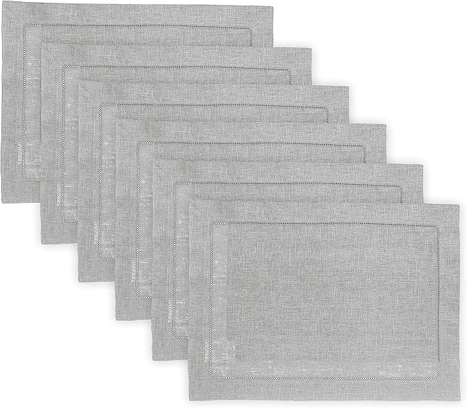 Solino Home Linen Cloth Placemats Set of 6-100% Pure Linen Hemstitch Soft Grey Placemats 14 x 19 Inch - Classic Hemstitch Table Place Mats for Fall, Autumn, Christmas, Winter, New Year