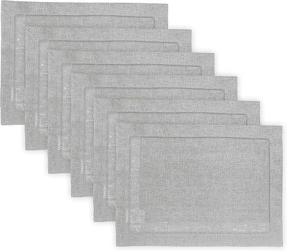 Solino Home Linen Cloth Placemats Set of 6-100% Pure Linen Hemstitch Soft Grey Placemats 14 x 19 Inch - Classic Hemstitch Table Place Mats for Fall, Autumn, Christmas, Winter, New Year