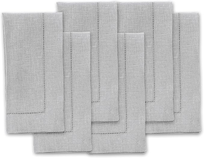 Solino Home Linen Napkins Set of 6 - Classic Hemstitch 100% Pure Linen Soft Grey Dinner Napkins Cloth 20 x 20 Inch for Fall, Autumn, Christmas, Winter, New Year - Handcrafted and Machine Washable
