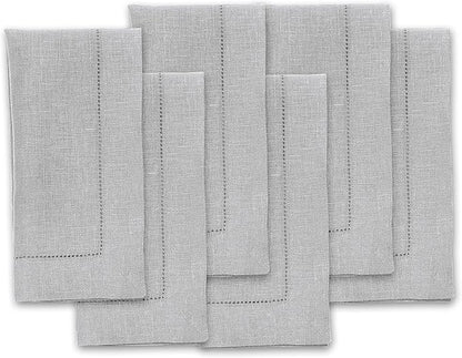 Solino Home Linen Napkins Set of 6 - Classic Hemstitch 100% Pure Linen Soft Grey Dinner Napkins Cloth 20 x 20 Inch for Fall, Autumn, Christmas, Winter, New Year - Handcrafted and Machine Washable
