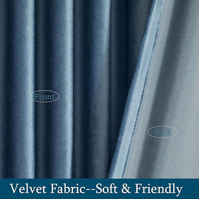 PRIMROSE Velvet Curtains 63 inch Long for Living Room,Set of 2 Panels Stone Grayish Blue Blackout Rod Pocket Back Tab Window Treatment Room Darkening Heavy Decorative Curtains Drapes for Bedroom