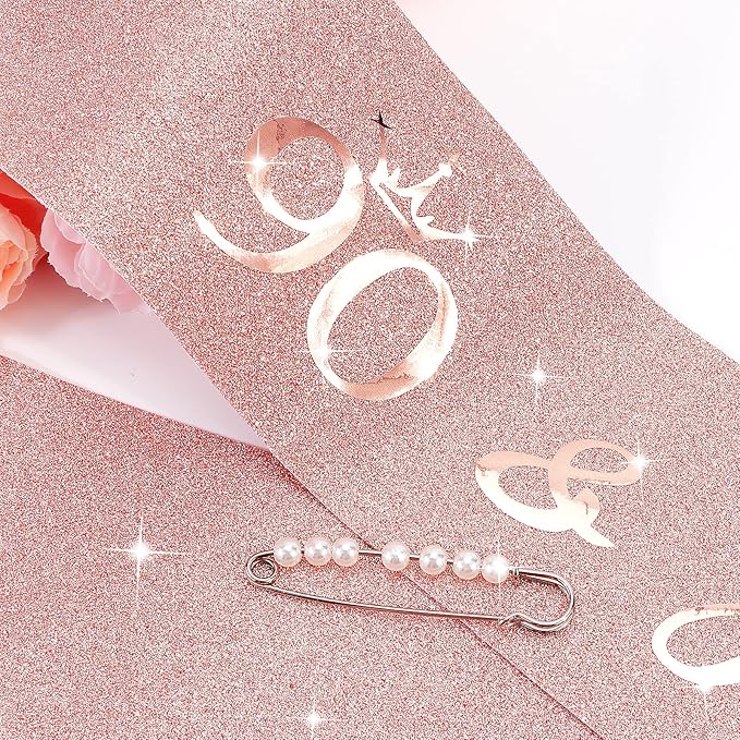 CIEHER 90th Birthday Crown, Sash & Pearl Pin Set - Elegant Decorations & Gifts for Her 90th Fabulous Birthday