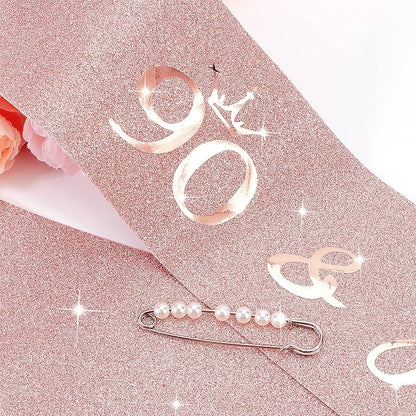 CIEHER 90th Birthday Crown, Sash & Pearl Pin Set - Elegant Decorations & Gifts for Her 90th Fabulous Birthday
