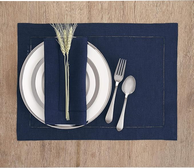 Solino Home Linen Placemats Set of 4 - Classic Hemstitch Navy Blue Placemats 14 x 19 Inch - 100% Pure Linen Table Mats for Fall, Autumn, Christmas, Holiday, Winter, New Year