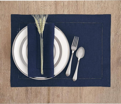 Solino Home Linen Placemats Set of 4 - Classic Hemstitch Navy Blue Placemats 14 x 19 Inch - 100% Pure Linen Table Mats for Fall, Autumn, Christmas, Holiday, Winter, New Year