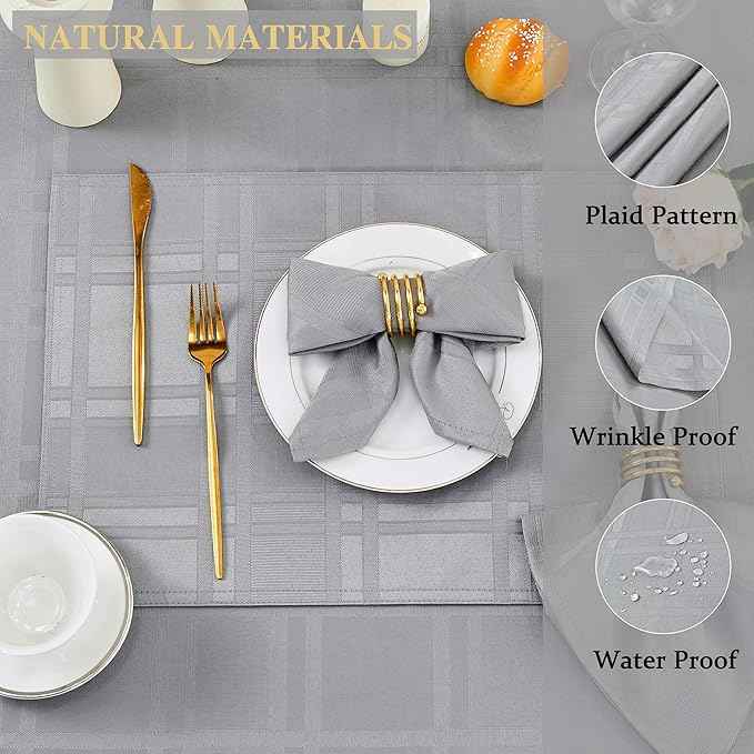 Plaid Cloth Napkins Set of 8, Checkered Style Jacquard Fabric Polyester Washable Reusable Cloth Napkins for Kitchen Dining Restaurants Wedding Party 17X17 Inch Grey