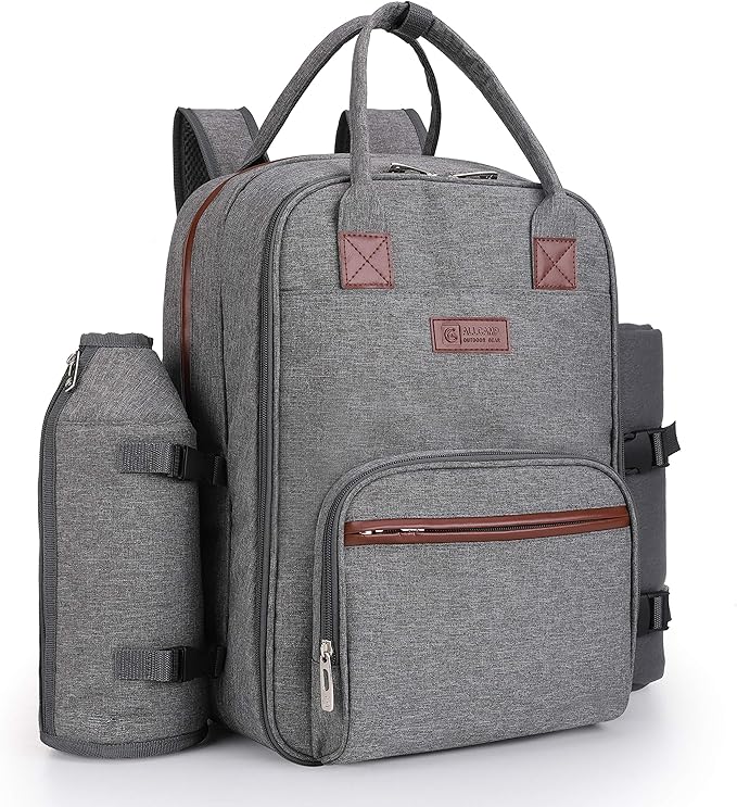 ALLCAMP OUTDOOR GEAR Picnic Backpack for 4 Person W/ Detachable Wine Holder, Insulated Food Compartment and Picnic Cutlery for Family Outdoor Camping and Gift (Grey)