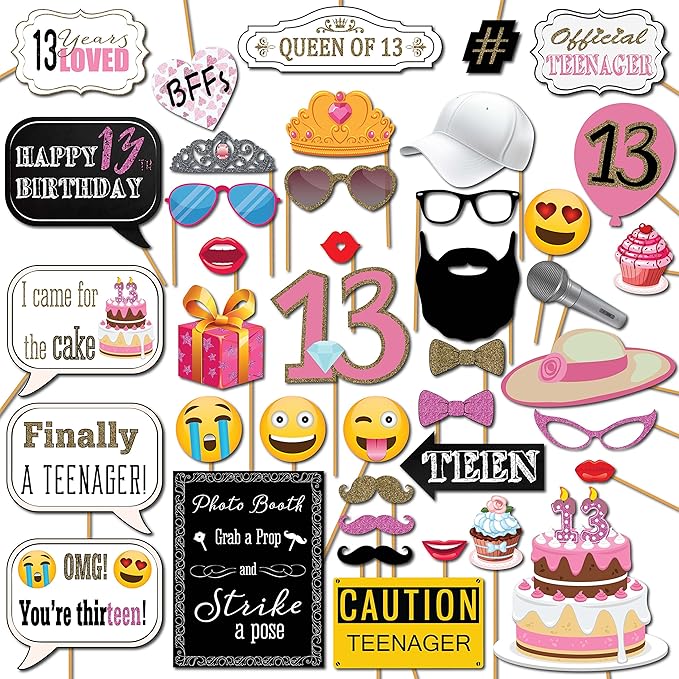 13th Birthday Photo Booth Props - 41-pc Photo Prop Kit with 8 x 10-Inch Sign, 60 Adhesive Pads, 45 Sticks - Teen Girl Photo Booth Props - Party Supplies 13th Birthday