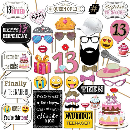 13th Birthday Photo Booth Props - 41-pc Photo Prop Kit with 8 x 10-Inch Sign, 60 Adhesive Pads, 45 Sticks - Teen Girl Photo Booth Props - Party Supplies 13th Birthday