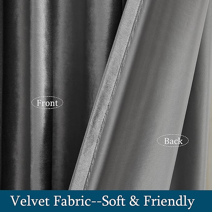 PRIMROSE Dark Grey Velvet Curtains 108 inch Long for Living Room,Set of 2 Panels Blackout Rod Pocket Back Tab Window Treatment Room Darkening Heavy Decorative Curtains Drapes for Bedroom