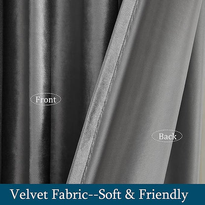 PRIMROSE Dark Grey Velvet Curtains 63 inch Long for Living Room,Set of 2 Panels Blackout Rod Pocket Back Tab Window Treatment Room Darkening Heavy Decorative Curtains Drapes for Bedroom