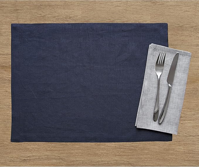 Solino Home Linen Navy Blue Placemats Set of 6-100% Pure Linen Placemats 14 x 19 Inch for Fall, Autumn, Christmas, Holiday, Winter, New Year - Fete
