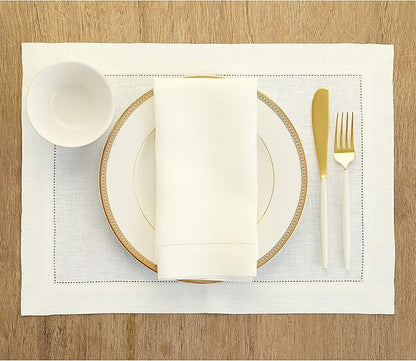 Solino Home Ivory Linen Napkins Set of 6-100% Pure Linen Hemstitch Dinner Napkins 20 x 20 Inch for Fall, Autumn, Christmas, Holiday, New Year - Classic Hemstitch