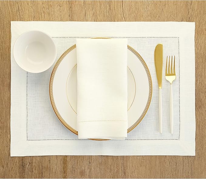Solino Home Ivory Linen Napkins Set of 4-100% Pure Linen Hemstitch Dinner Napkins 20 x 20 Inch for Fall, Autumn, Christmas, Holiday, New Year - Classic Hemstitch