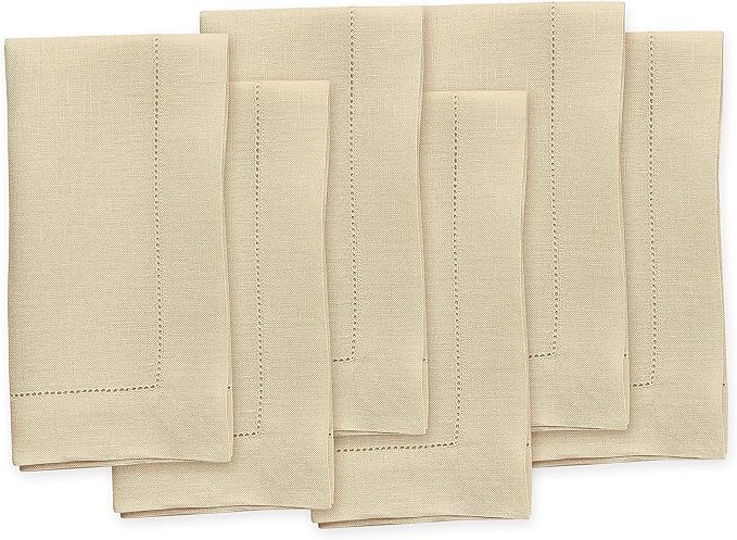 Solino Home Linen Cloth Napkins Set of 6-100% Pure Linen Beige Dinner Napkins 20 x 20 Inch for Fall, Autumn - Classic Hemstitch, Handcrafted and Machine Washable