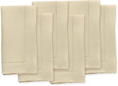 Solino Home Linen Cloth Napkins Set of 6-100% Pure Linen Beige Dinner Napkins 20 x 20 Inch for Fall, Autumn - Classic Hemstitch, Handcrafted and Machine Washable