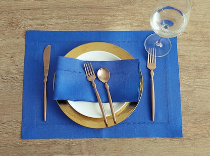 Solino Home Linen Napkins Set of 4 - Classic Hemstitch 100% Pure Linen Royal Blue Dinner Napkins Cloth 20 x 20 Inch - Handcrafted and Machine Washable - Holiday, Winter, Christmas, New Year