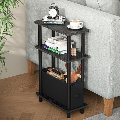 Apicizon Small Narrow Side Table, 3-Tier Skinny End Table withFabric Basket, Slim Nightstand Bedside Table for Small Spaces, Living Room, Bderoom, Black