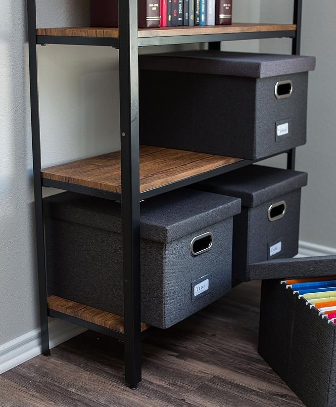 Internet's Best Collapsible File Storage Organizer with Lid - Decorative Linen Filing & Storage Office Box – Hanging Letter/Legal Folder – Home Office Bins Cabinet – Charcoal Container - 4 Pack