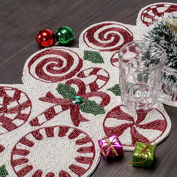 CLEENTABLE Handcrafted Christmas Beaded Table Runner – 36"x13" Art Deco Home Decor & Luxury Dinner Table Centerpiece in Vibrant Cherry Reddish with 85% Glass Beads, Durable Polyester Backing