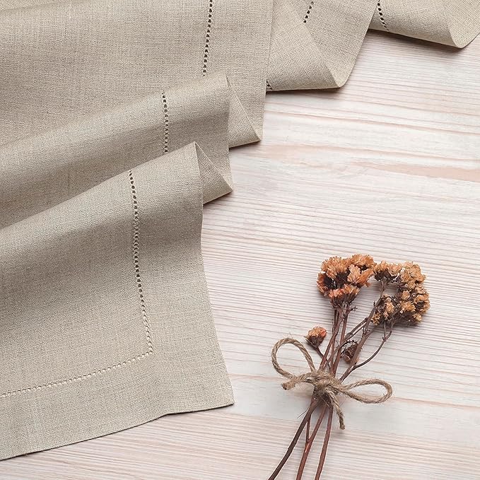 D'Moksha Homes Linen Natural Table Runner 72 Inches Long - 100% Pure Linen Hemstitch Table Runner 14 x 72 Inch for Dresser, Dining, Winter, Christmas, Holiday - Classic Hemstitch