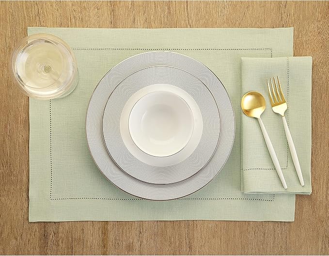 Solino Home Linen Placemats Set of 4 - Classic Hemstitch Sage Green Placemats 14 x 19 Inch - 100% Pure Linen Table Mats for Fall, Autumn, Christmas, Winter, New Year