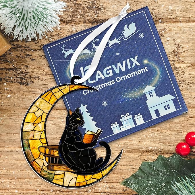 FLAGWIX Christmas Book Lovers Gifts for Readers - Acrylic Christmas Ornaments 2025 - Reading Nerd Librarian Bookish Gifts for Book Lovers, Black Cat Gift, Cat Decor Ornament for Christmas Decorations