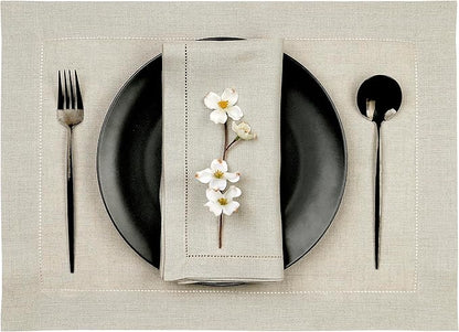 D'Moksha Homes Linen Placemats Set of 4-100% Pure Linen Natural Placemats 14 x 19 Inch - Classic Hemstitch, Washable Natural Placemats for Christmas Decor, Holiday