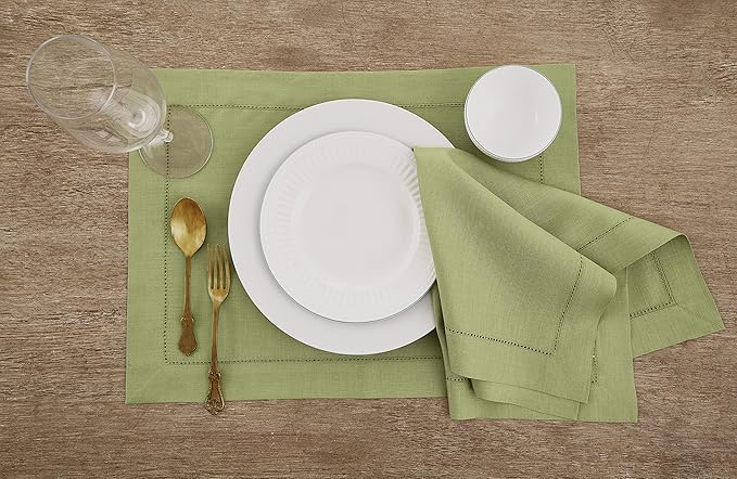 Solino Home Linen Placemats Set of 4 - Classic Hemstitch Moss Green Placemats 14 x 19 Inch - 100% Pure Linen Table Mats for Fall, Autumn, Winter