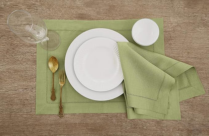Solino Home Linen Placemats Set of 4 - Classic Hemstitch Moss Green Placemats 14 x 19 Inch - 100% Pure Linen Table Mats for Fall, Autumn, Winter