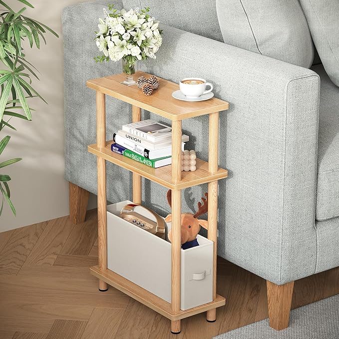 Apicizon Small Narrow Side Table, 3-Tier Skinny End Table for Small Spaces, Slim Nightstand with Fabric Basket, Bedside Table for Living Room, Bedroom, Natural