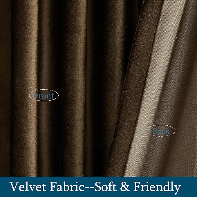 PRIMROSE Brown Velvet Curtains 72 inch Long for Living Room,Set of 2 Panels Blackout Rod Pocket Back Tab Window Treatment Room Darkening Heavy Decorative Curtains Drapes for Bedroom