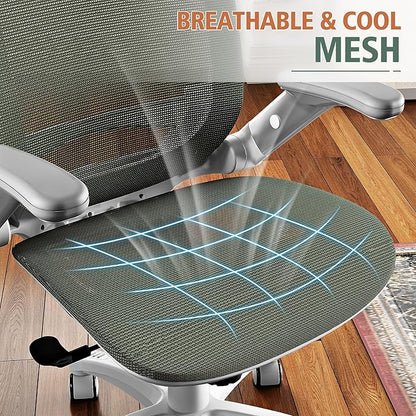 GABRYLLY Ergonomic Office Chair, High Back Home Desk Chair with Headrest, Flip-Up Arms, 90-120° Tilt Lock and Wide Cushion, 300LBS Mesh Chairs for Man Woman, White Task Chair(Olive Green,GY01WOG)